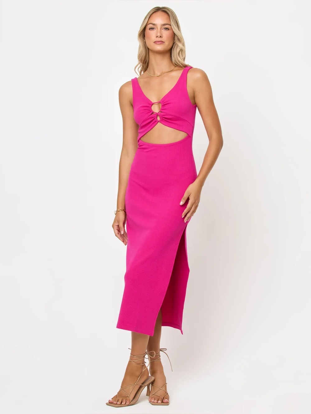 NWT L*Space Camille Cutout Ribbed Midi Dress - Cosmo Pink - Size Large